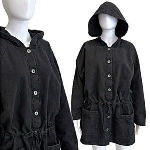 City Lights Black Heavy Cotton Fleece Hooded Jacket Size L XL Button Down Anorak